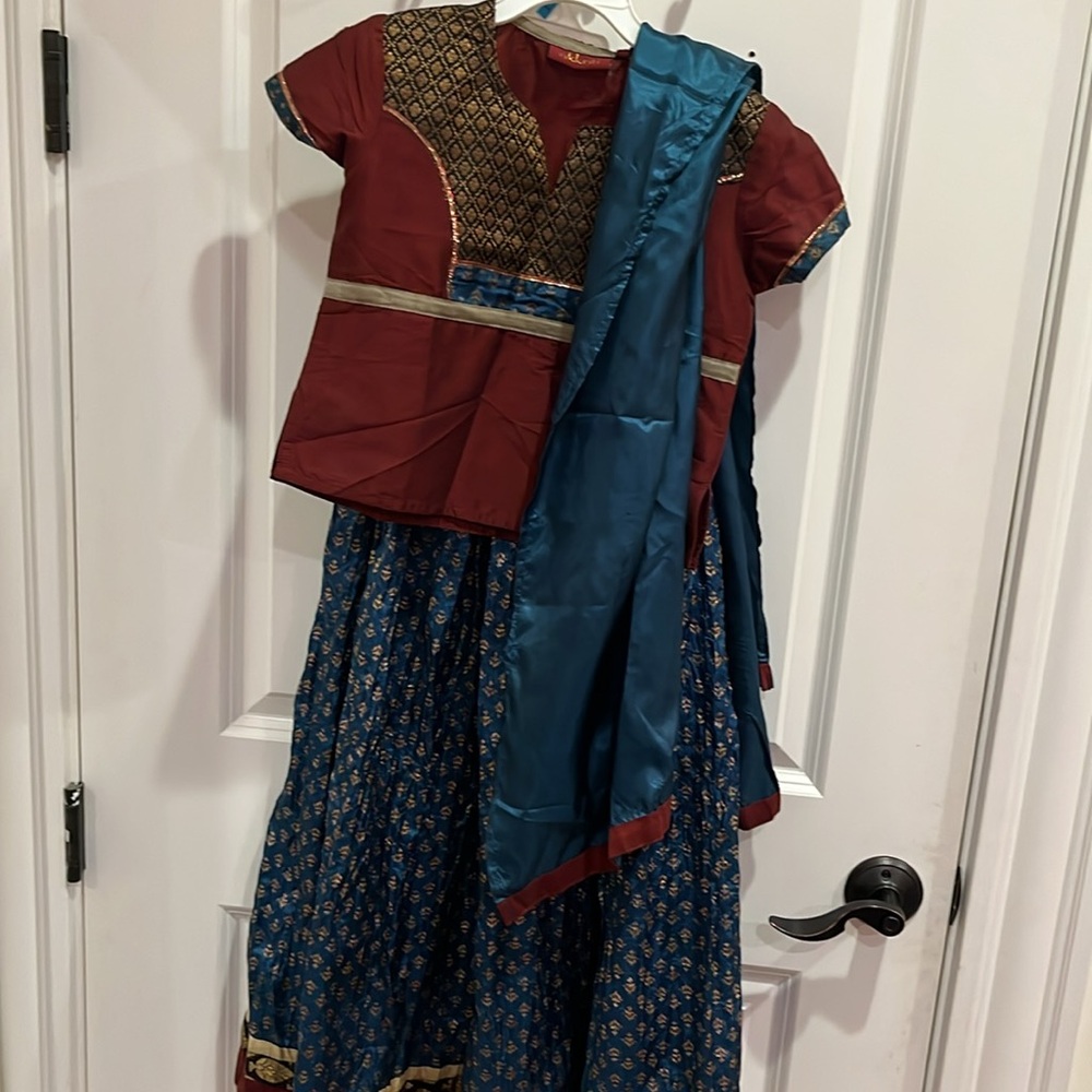 Kids Maroon Indian Lehenga and Blue skirt and top and scarf